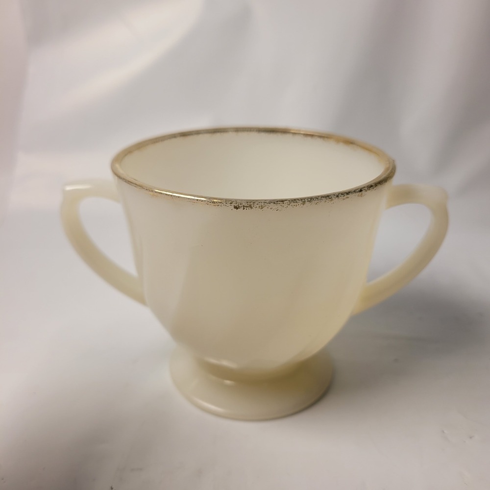 Fire-King Sugar Bowl Ivory Milk Glass Vintage Gold Rim Swirl Shell Double Handle